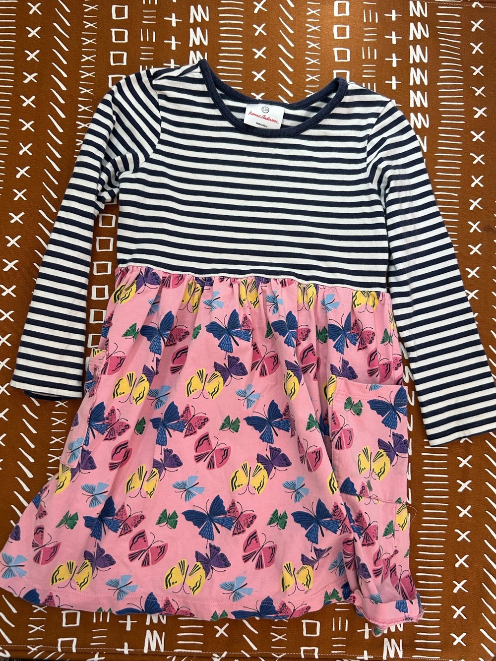 Hanna Andersson 110 Navy Striped Top with Pink Butterfly Skirt Dress